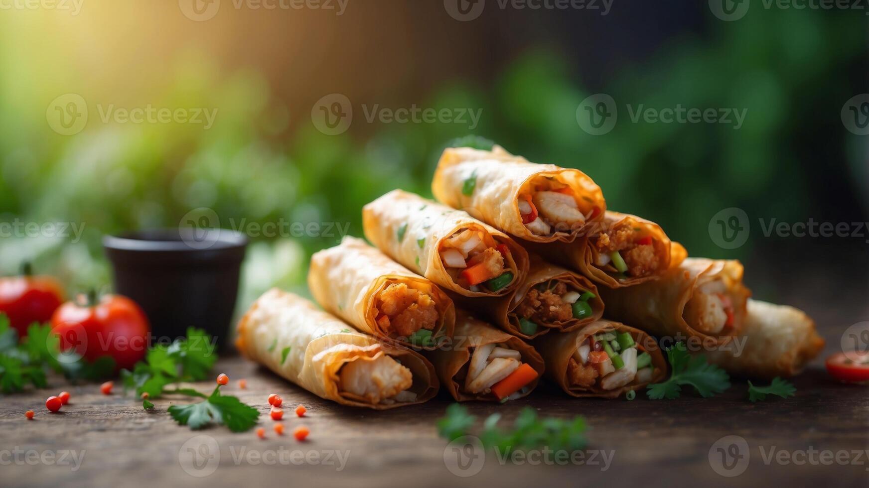Crispy Fried Spring Rolls with Chicken and Vegetables. photo