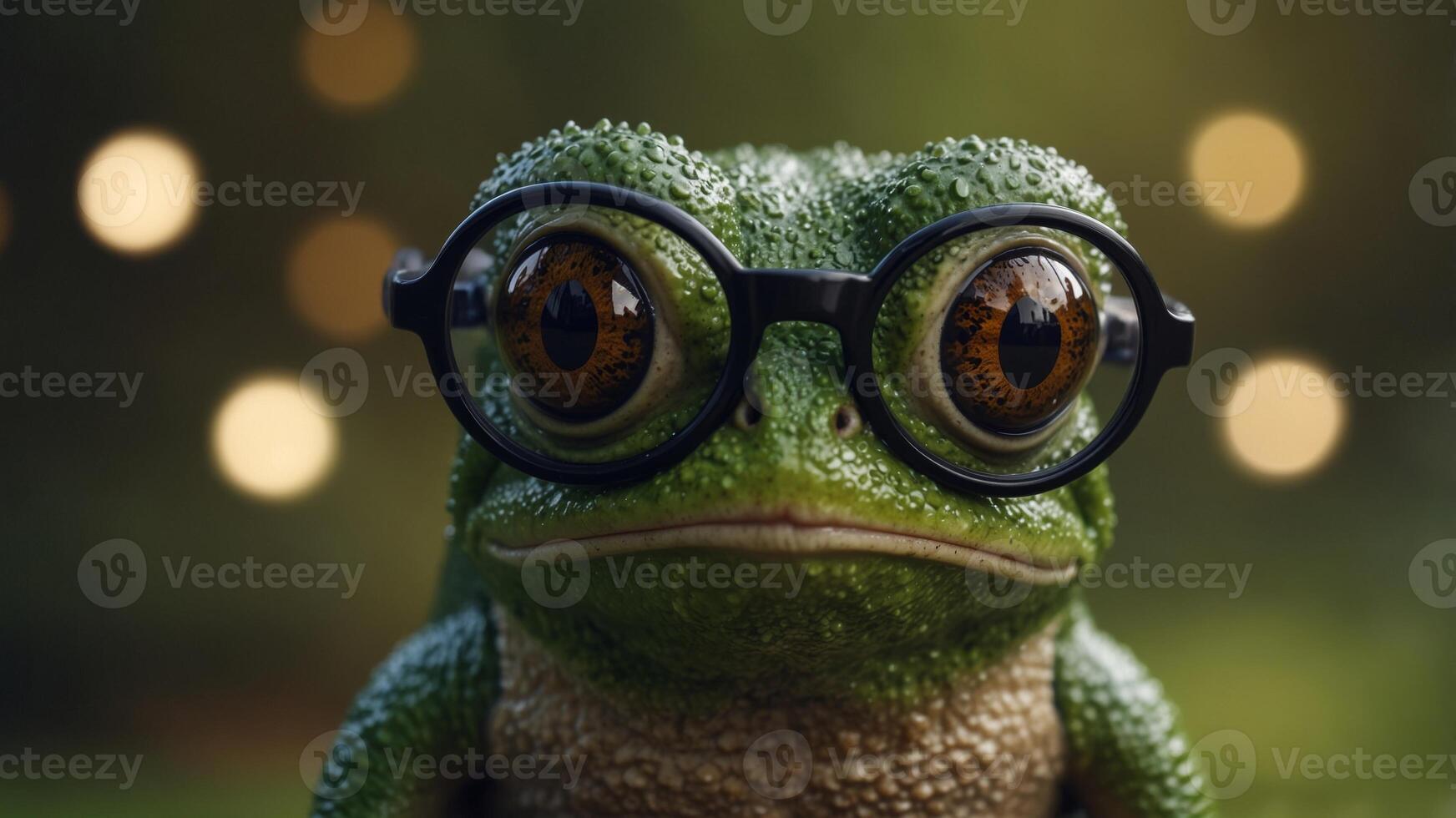 A Frog Wearing Glasses on a Green Background. photo