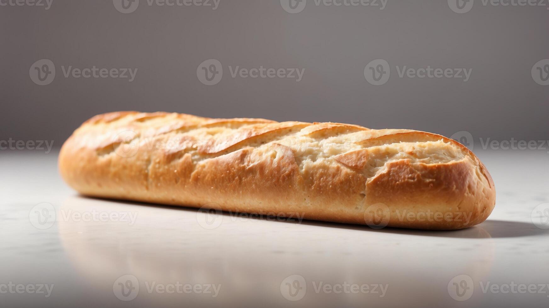 A long loaf of French bread sits alone on a white surface. photo