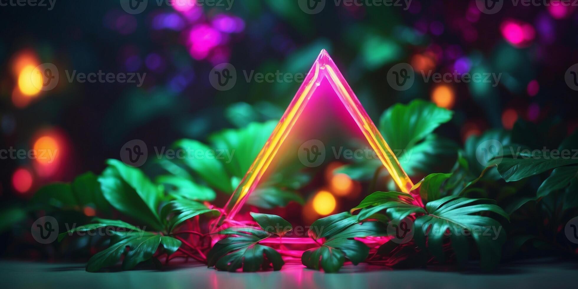 Creative fluorescent color layout made of tropical leaves with neon light triangle Nature idea. photo