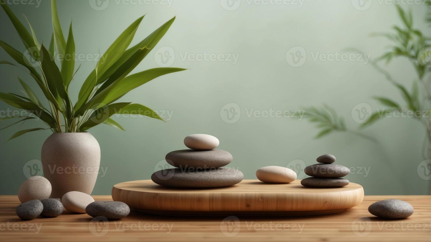 Bamboo with leaves and stones podium background for spa cosmetic product presentation. photo