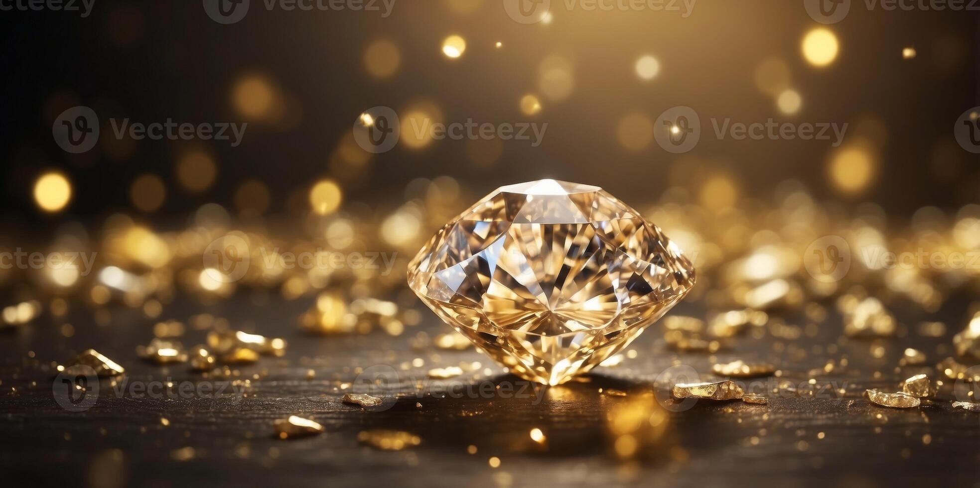 A diamond rests atop a table, surrounded by a mound of gold White sparks scatter the background. photo