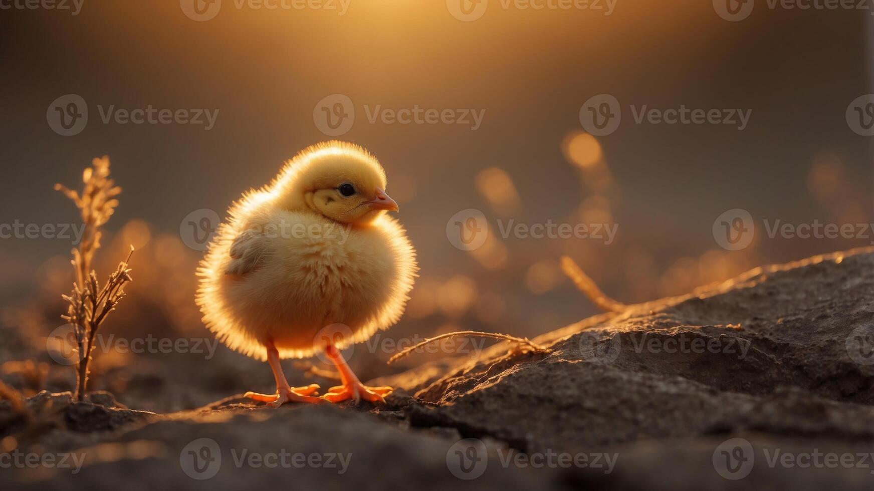 A Tiny Chick Basking in the Golden Light of Dawn. photo