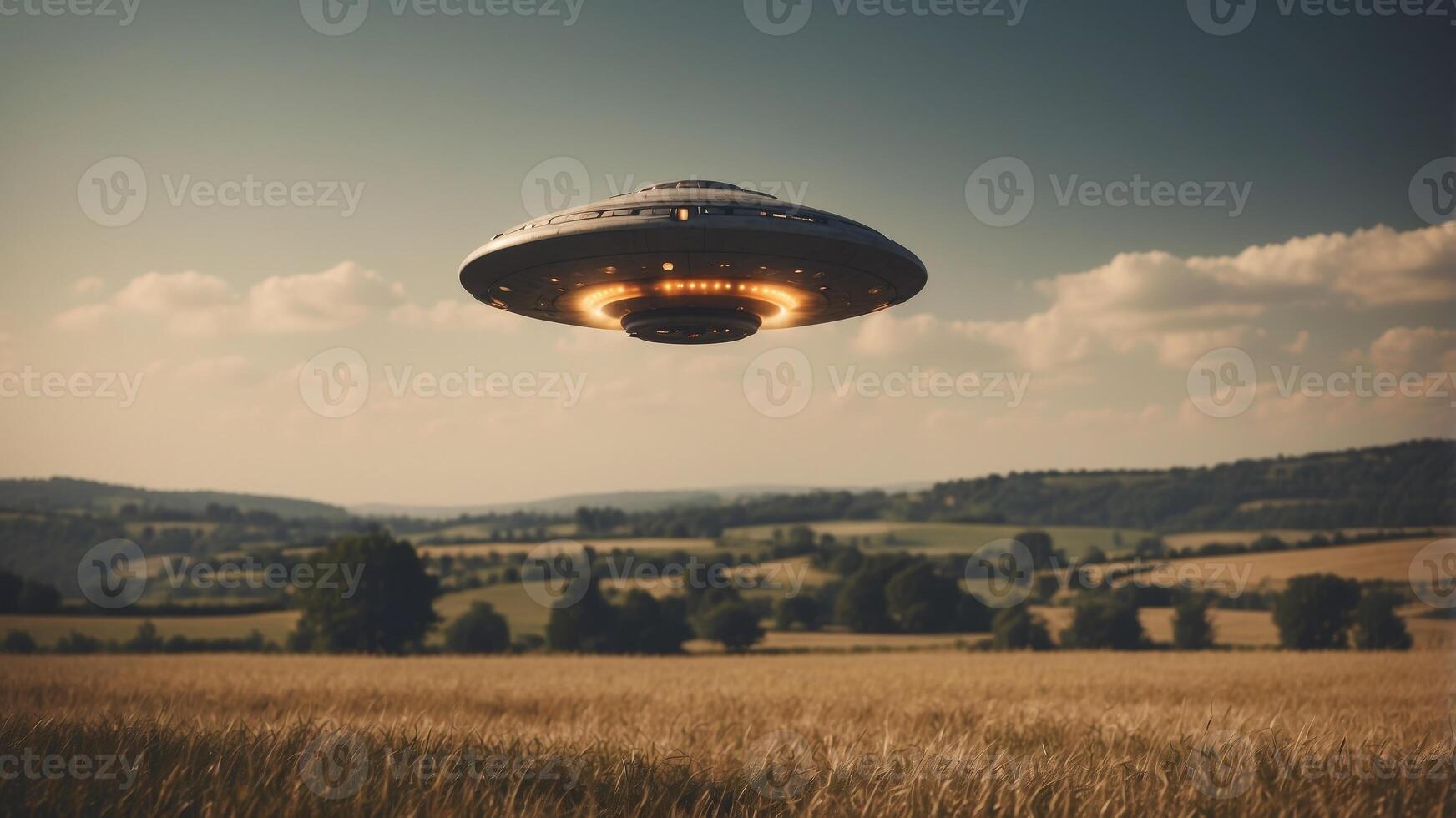 A vintage-style image featuring a UFO over a rural landscape. photo