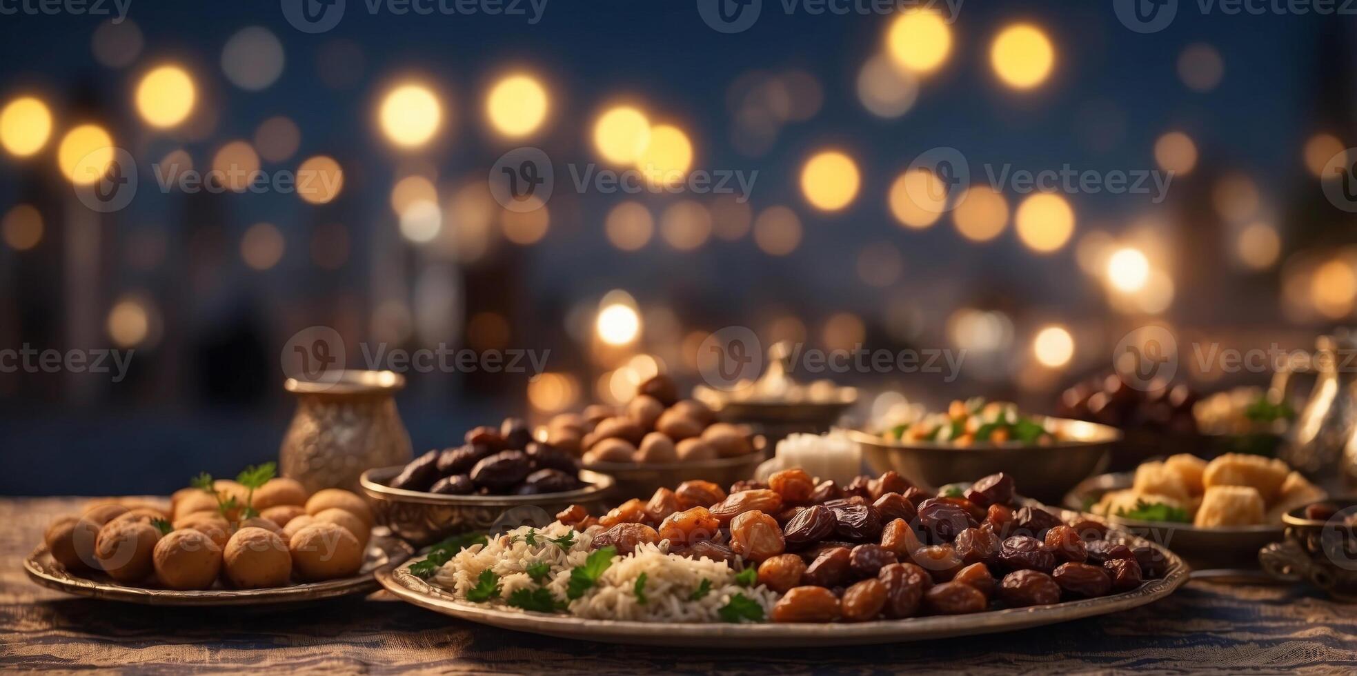a Ramadan feast table under the evening sky, complete with traditional Arabic dishes, dates, and Eastern sweets. photo