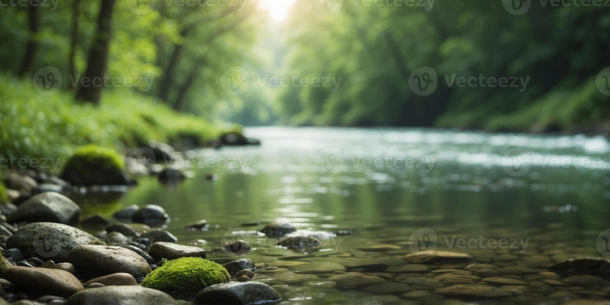 A river runs through a lush, green forest, dotted with numerous rocks and interspersed with patches of verdant grass Adjoining it is a forest teeming with. photo