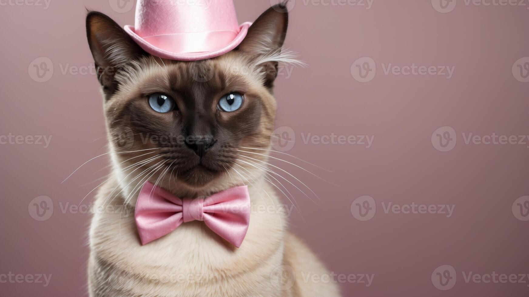 A Siamese cat donned in a pink hat with a feather and a pink tie. photo