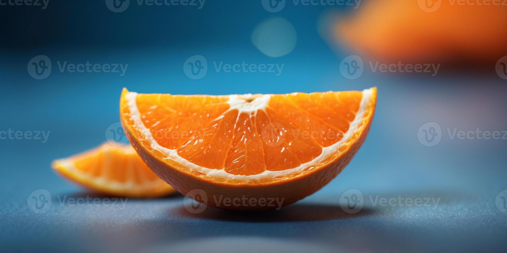 Slice of orange wrapped like candy on blue background Summer fruit concept Top view Copy space. photo
