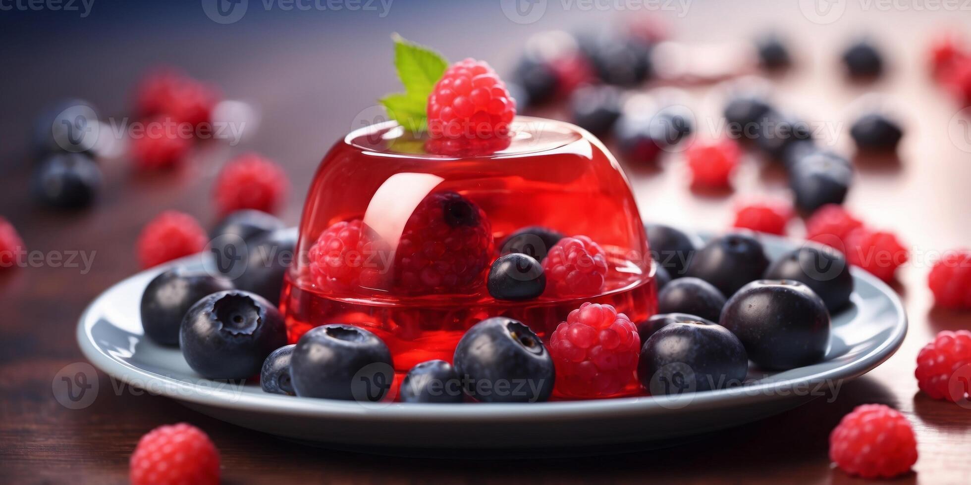 A red jelly dessert with blueberry on plate, Delicious red jelly with raspberry, blueberry. photo
