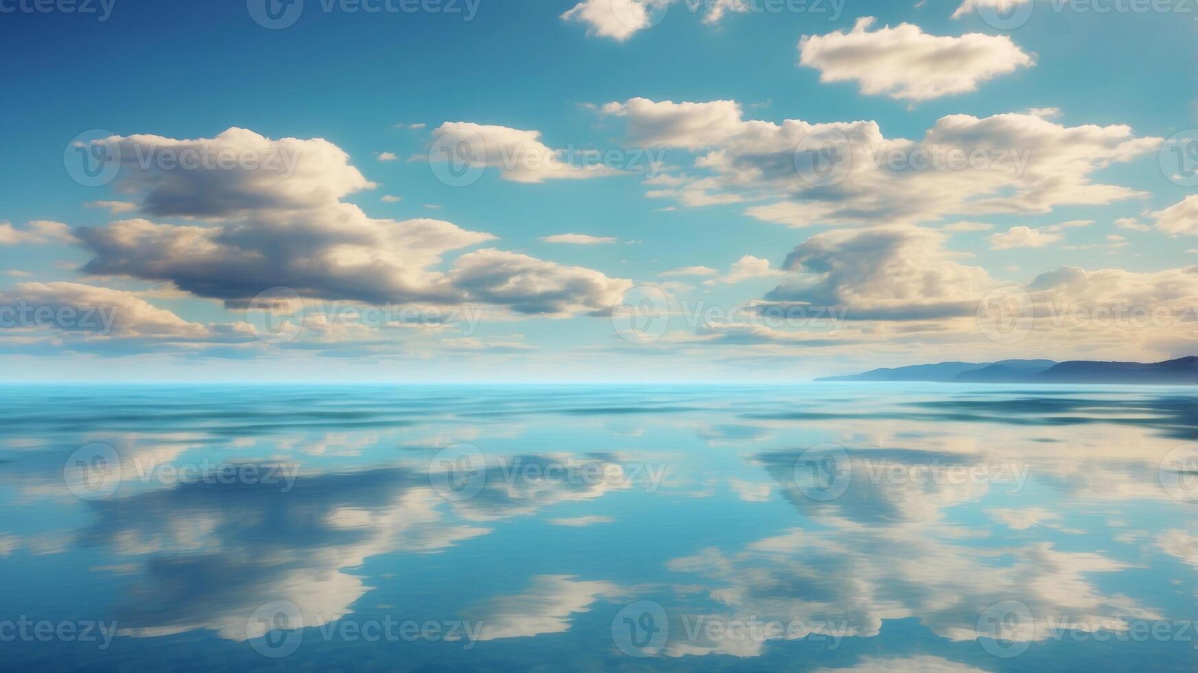 Serene sky with fluffy clouds reflecting on calm water surface. photo