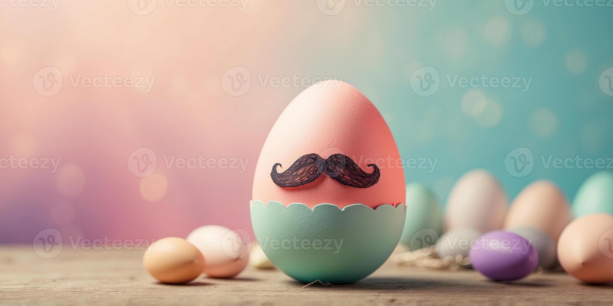Easter egg with hipster moustache on a pastel background Creative Easter idea Copy space Banner. photo