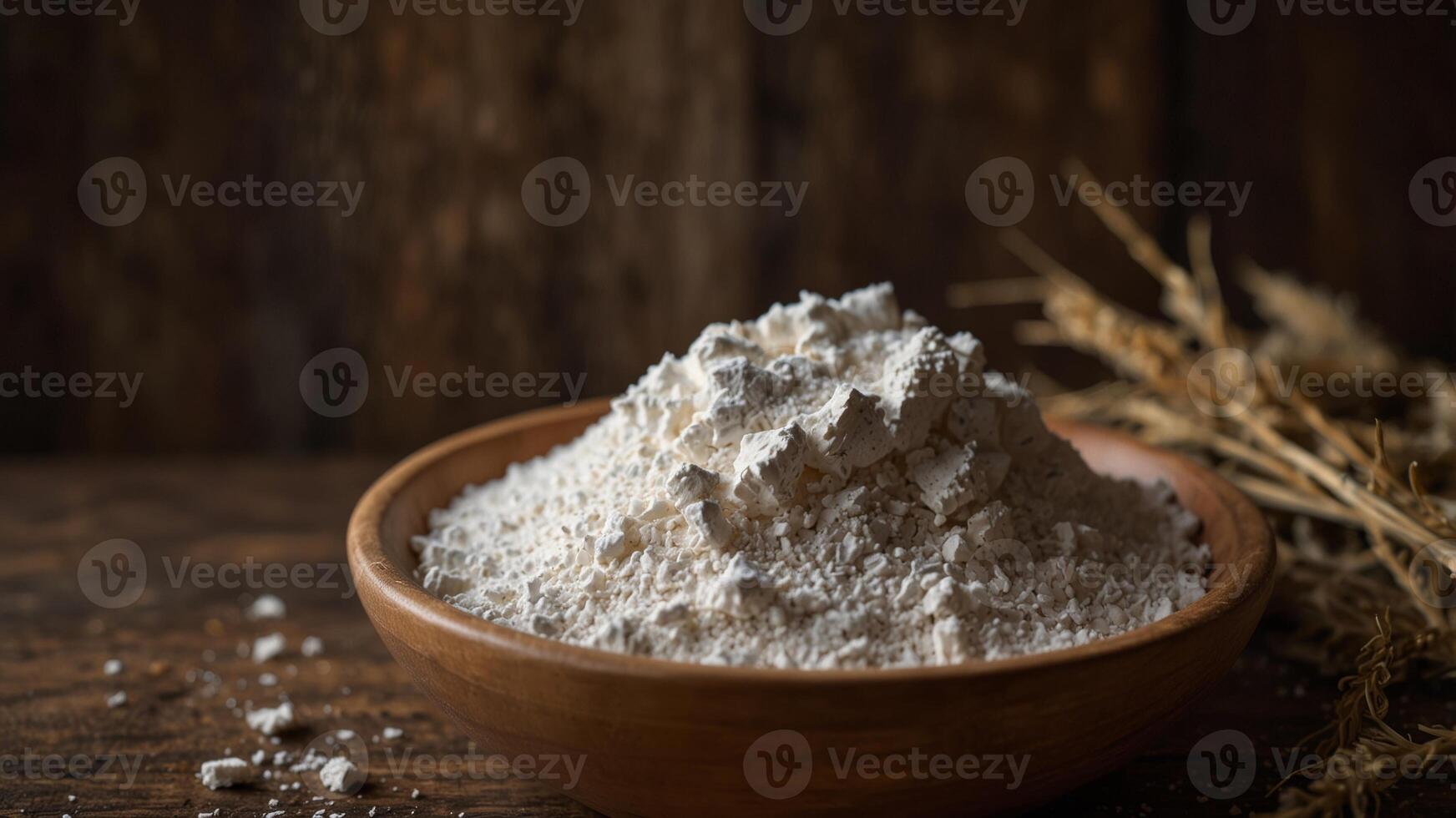 Wooden Bowl of Flour with Rustic Background. photo
