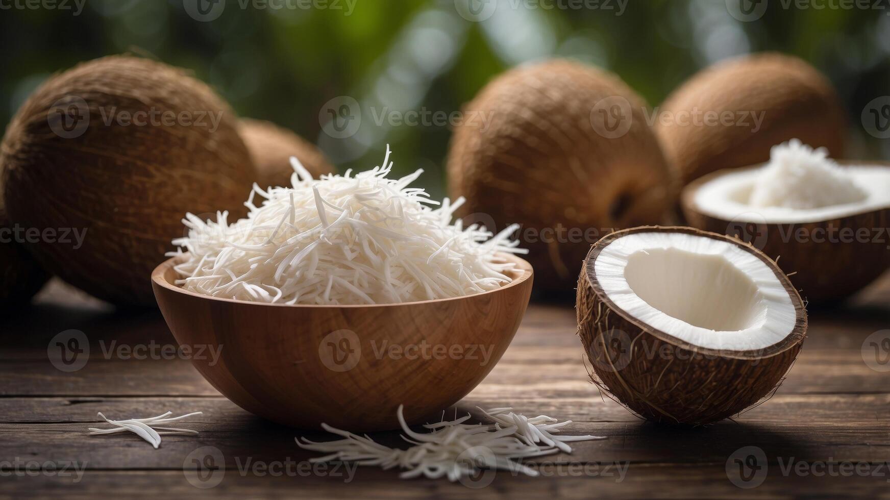 Fresh shredded coconut in wooden bowl with whole coconuts. photo