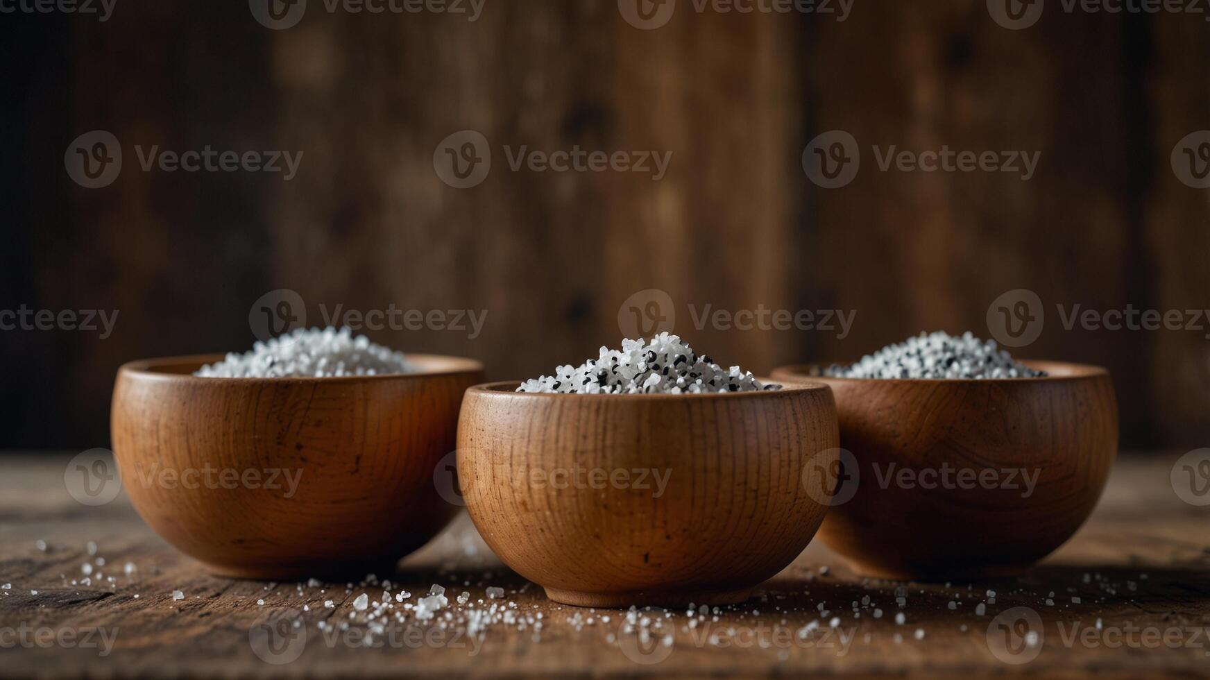 Salt and pepper in wooden bowls on rustic table. photo