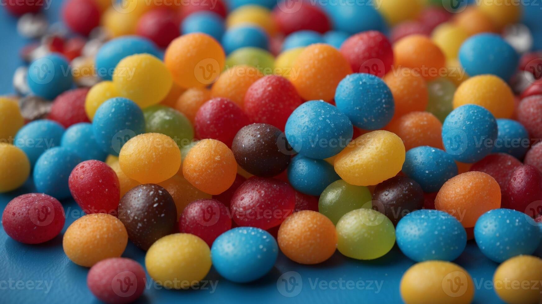 Colorful candies and sweets on a bright blue background. photo