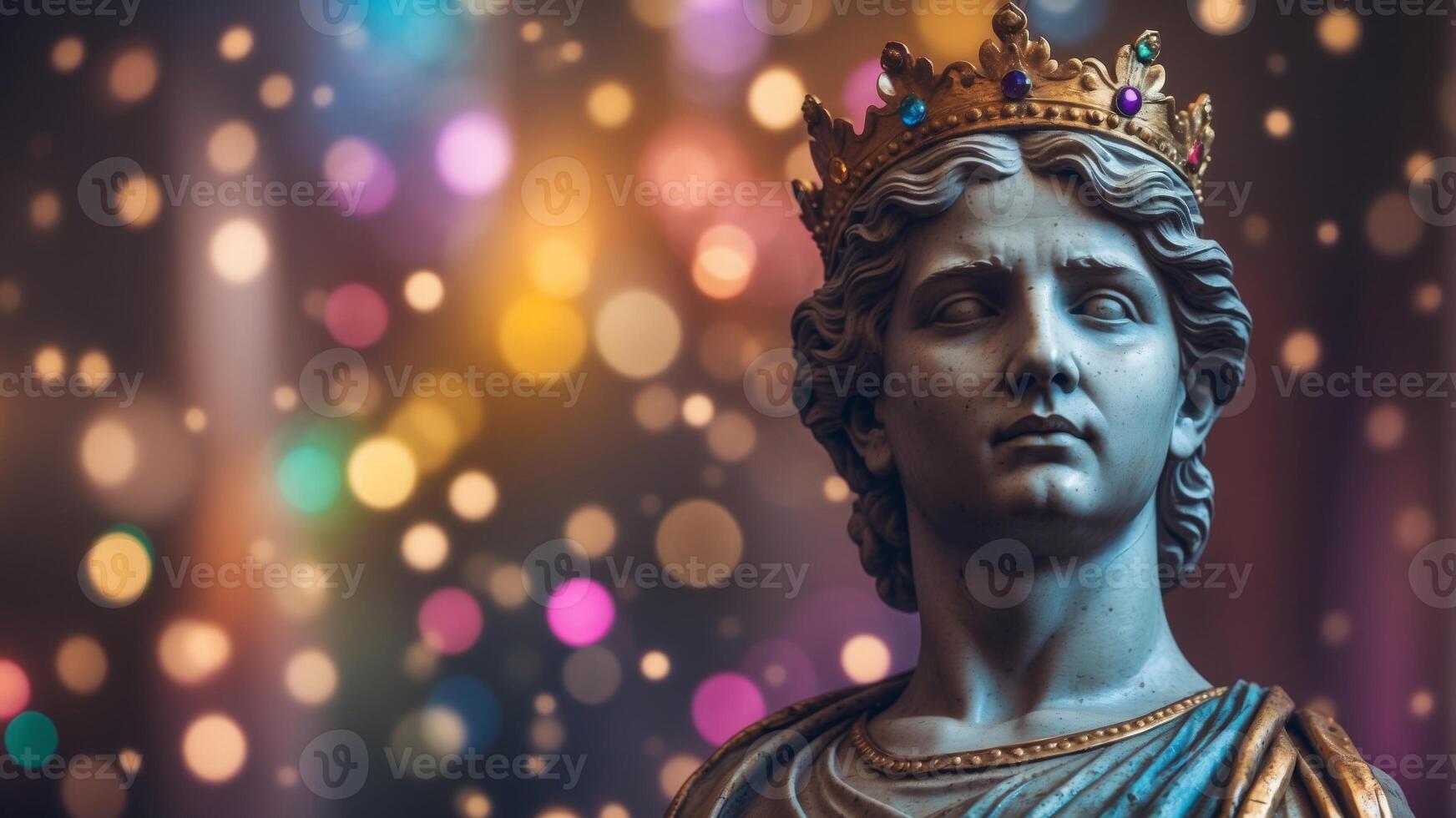 Colorful lighting on classical statue with crown. photo