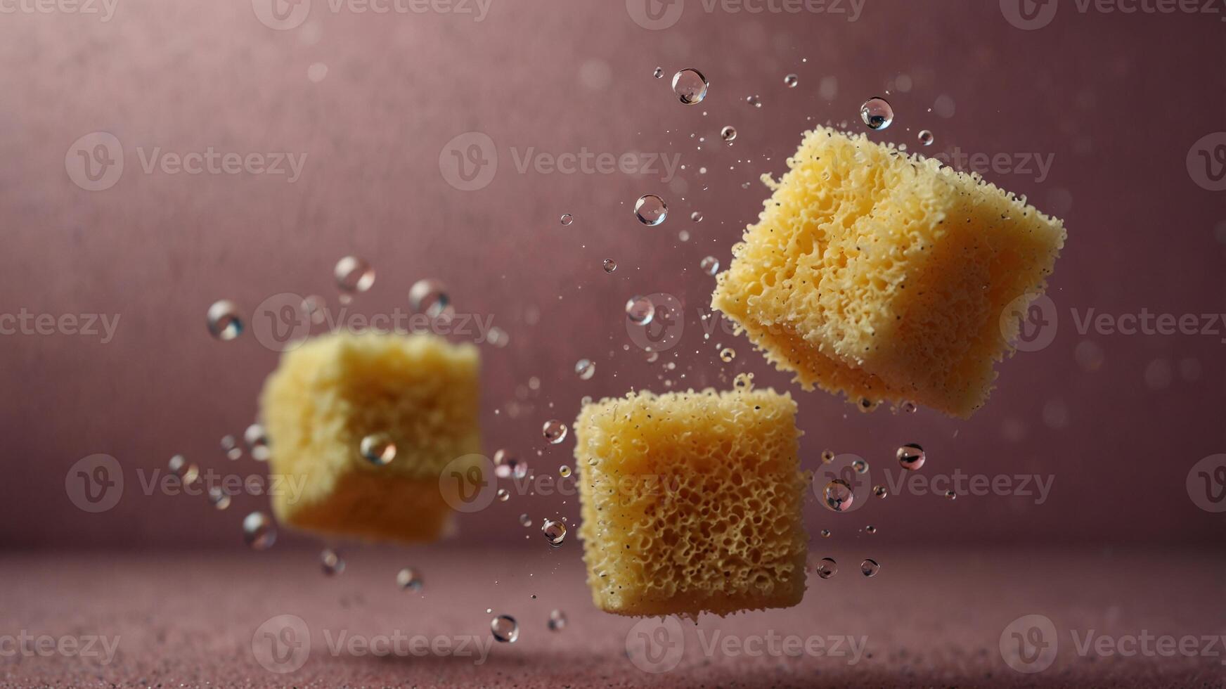Floating sponges and bubbles on pink background. photo