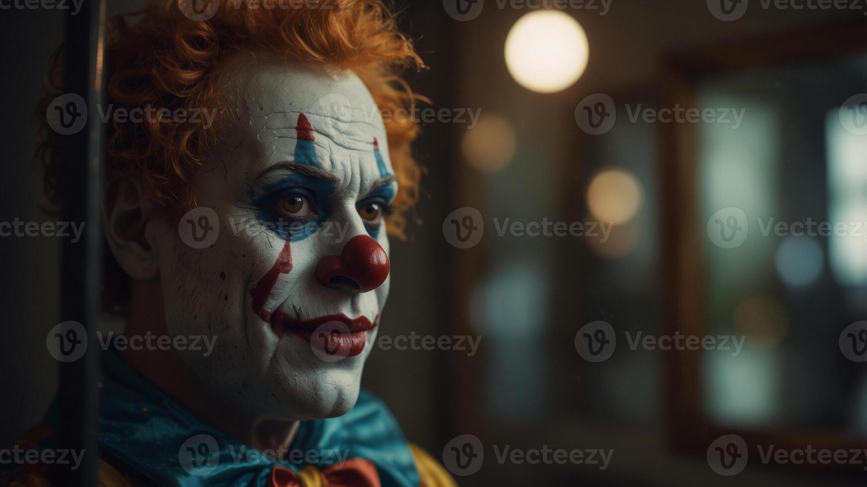Creepy Clown Face Reflected in a Round Mirror. photo