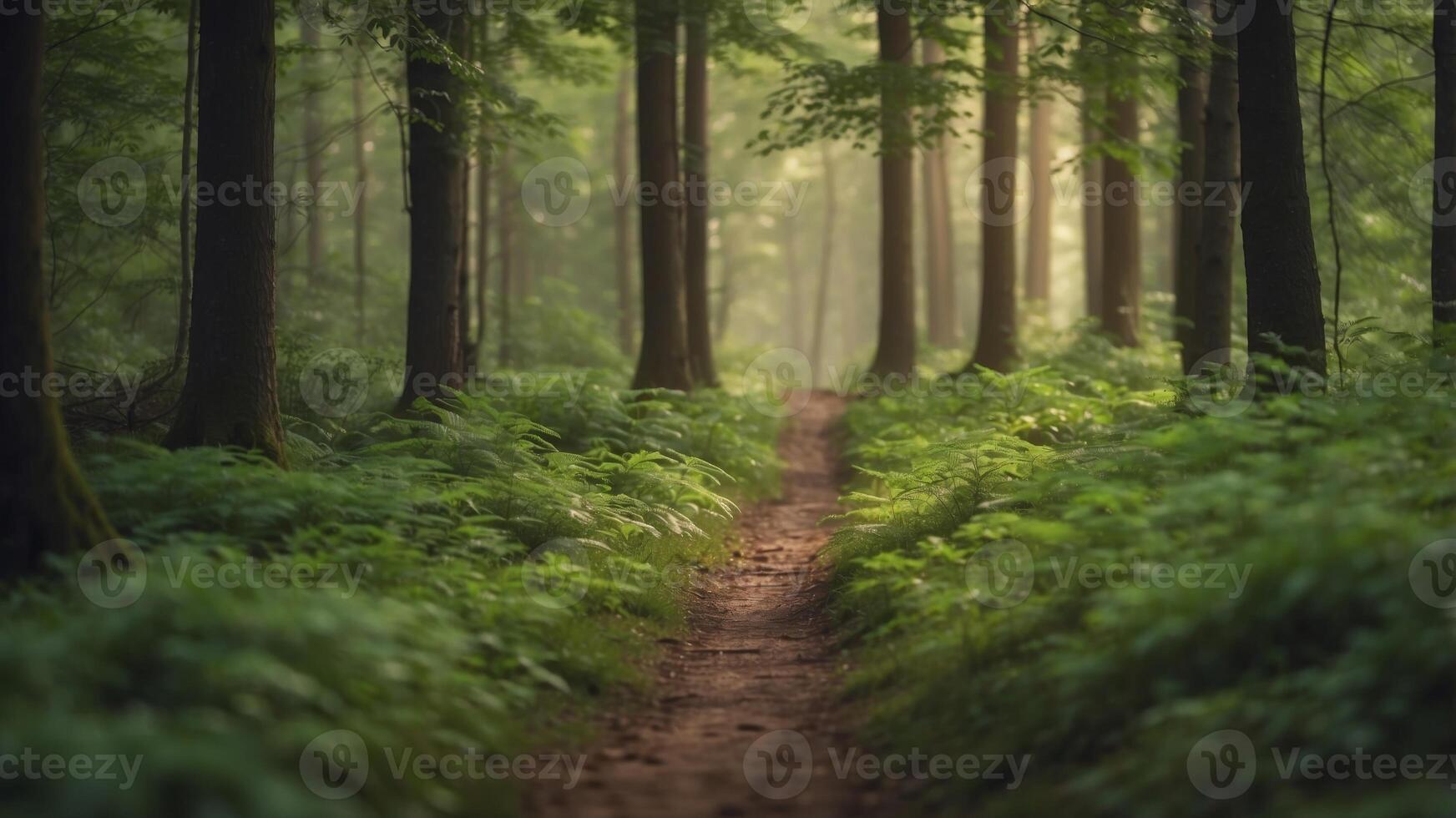 a serene and lush green forest with vibrant foliage inviting a peaceful walk in the beauty of nature. photo