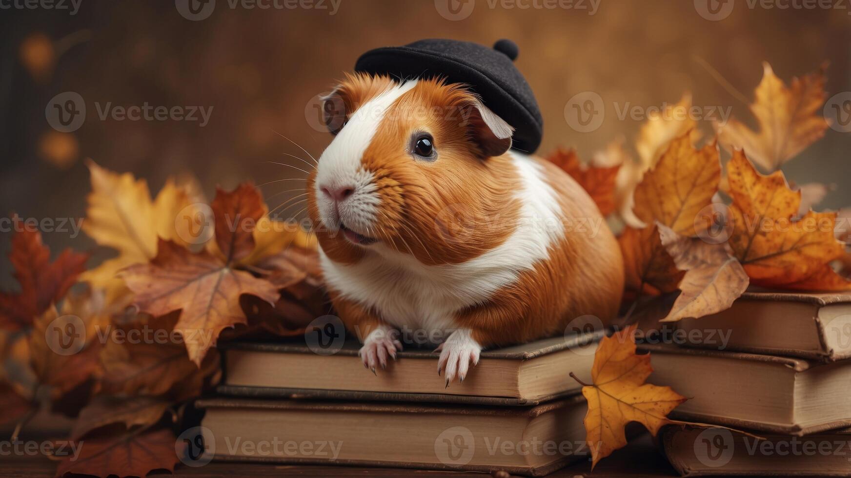 A guinea pig wearing a hat sits on a pile of books surrounded by autumn leaves. photo
