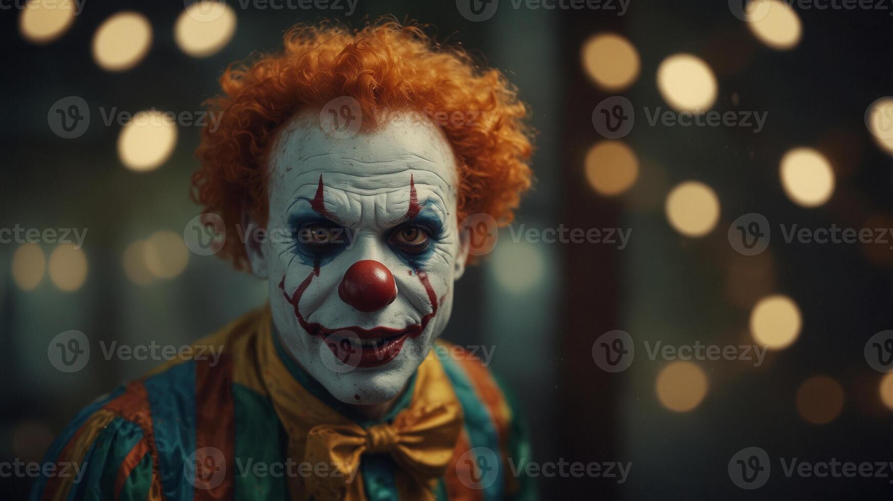 Creepy Clown Face Reflected in a Round Mirror. photo