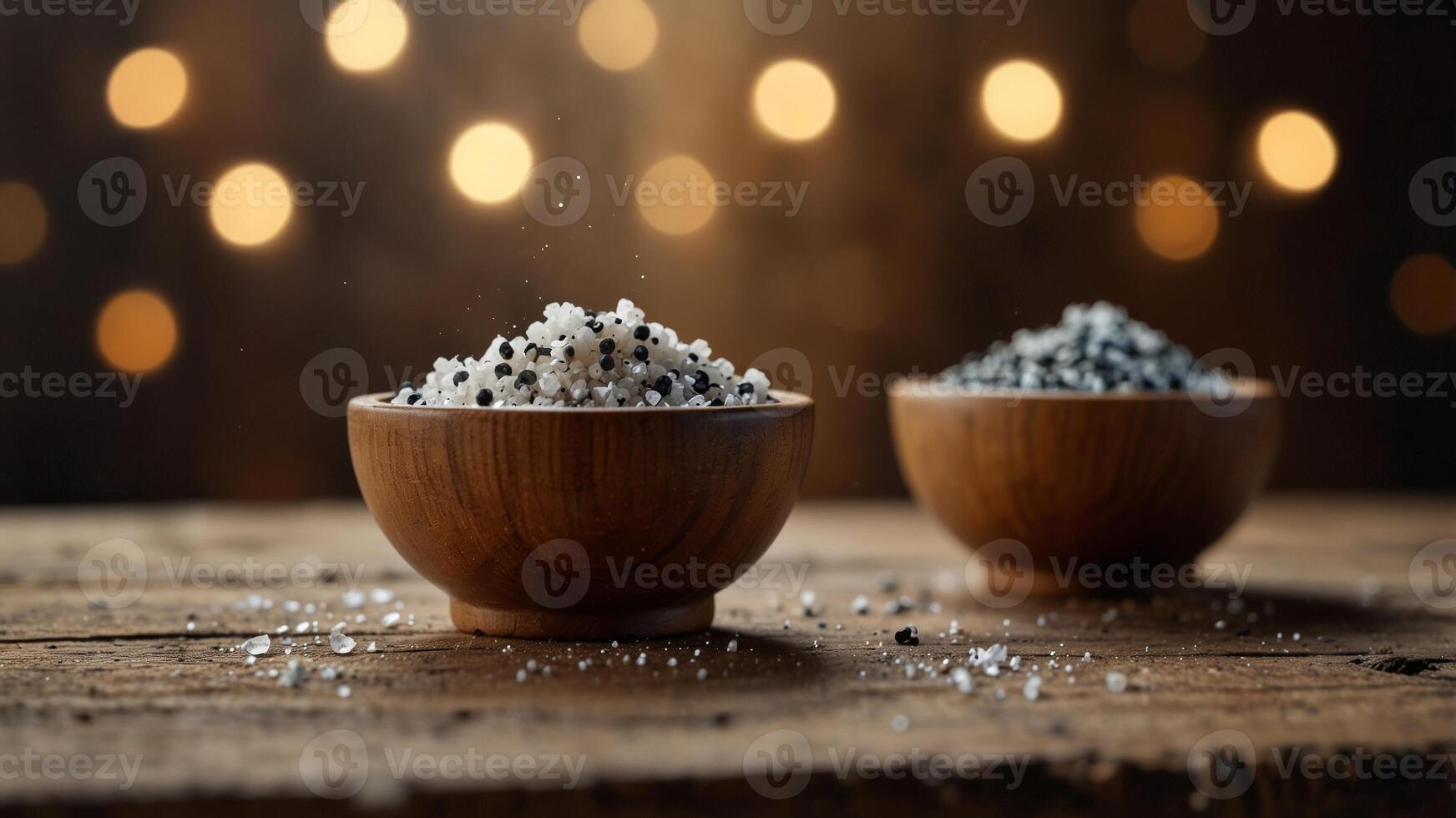 Salt and pepper in wooden bowls on rustic table. photo