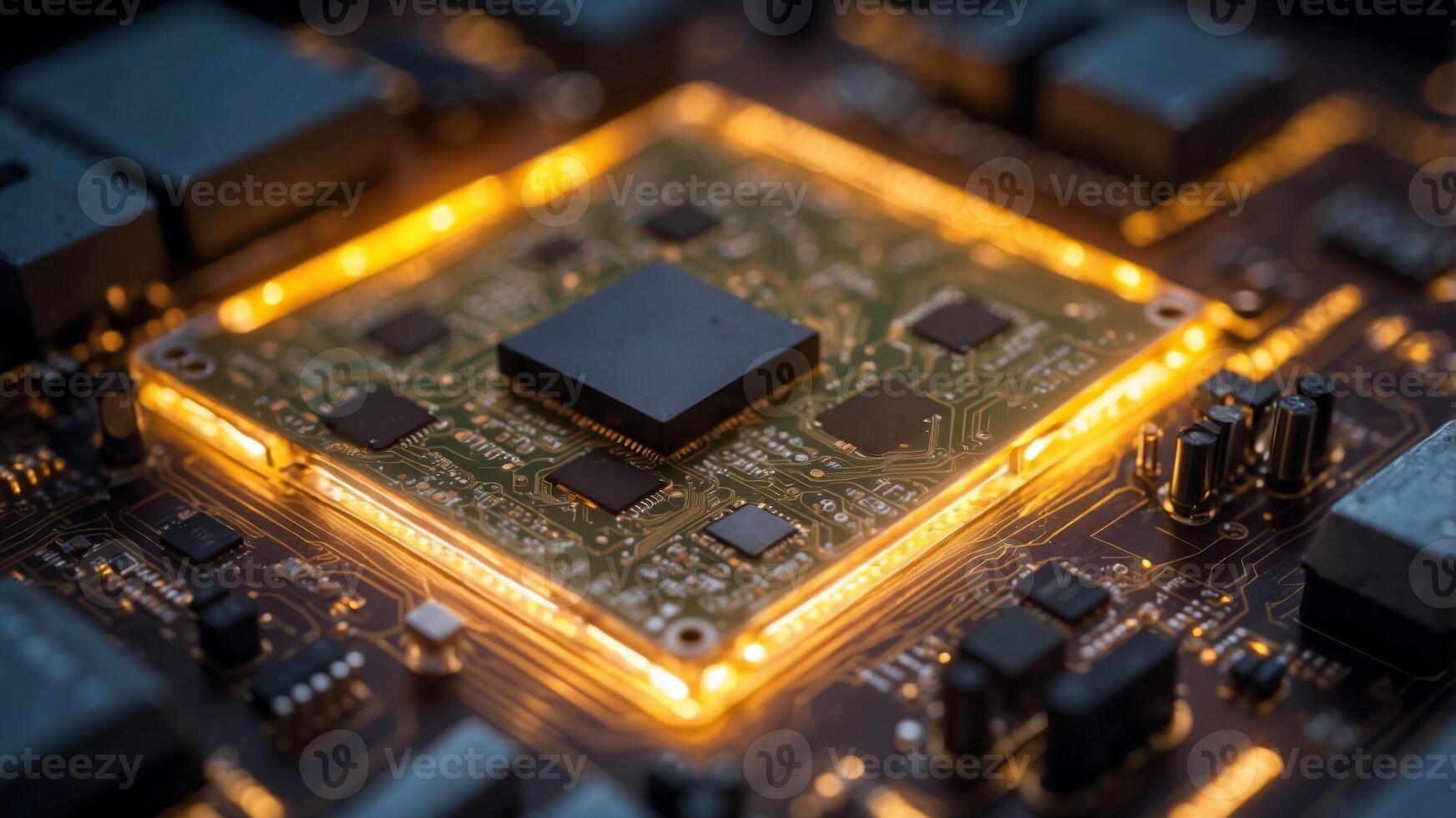 Close-Up of a Circuit Board with a Glowing Processor. photo