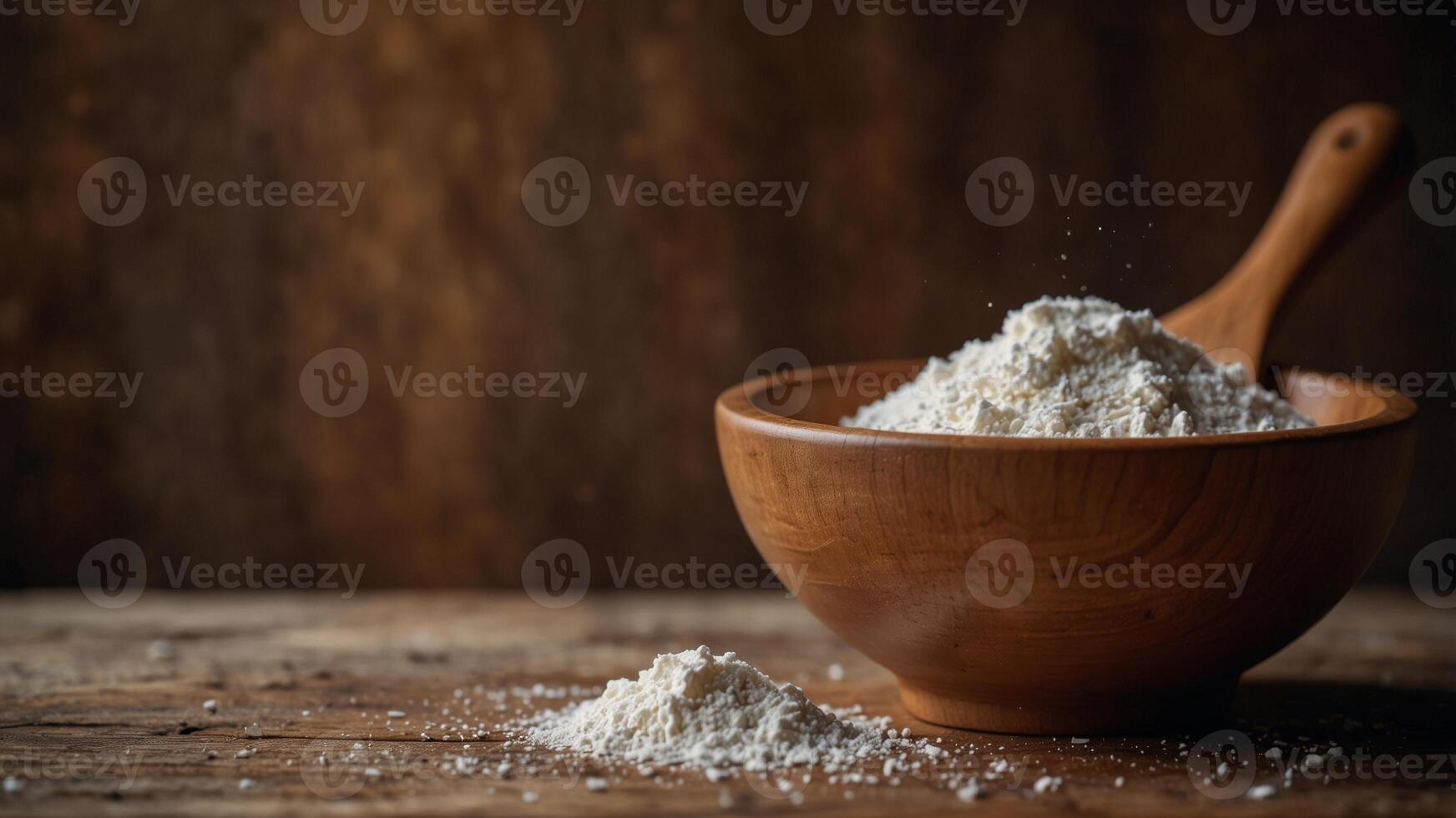 Rustic Bowl with Flour and Spoon on Wooden Table. photo