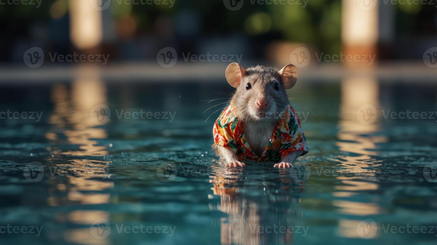 Rat wearing a tropical shirt swimming in a pool Whimsical and playful summer concept. photo