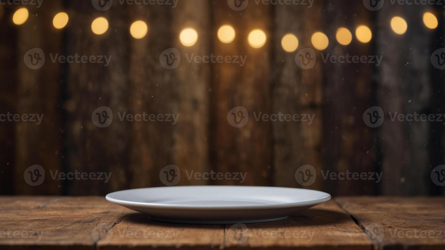 Empty white plate on wooden table with rustic background. photo
