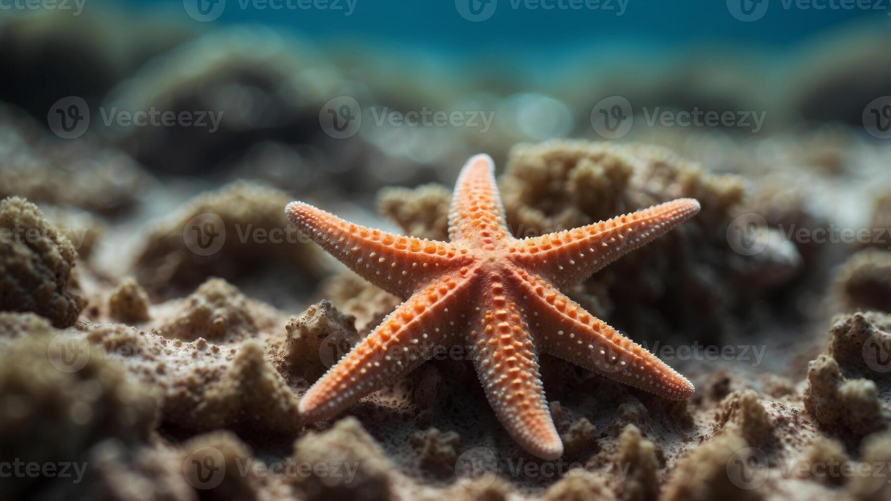 Starfish on a Coral Reef with Blurred Background. photo