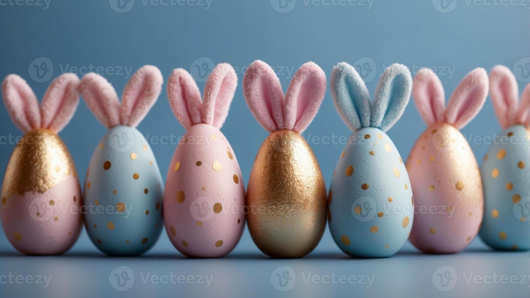 Small Easter egg with plush bunny ears and polka dots on blue background Minimal light pink gold and blue combination Banner idea. photo