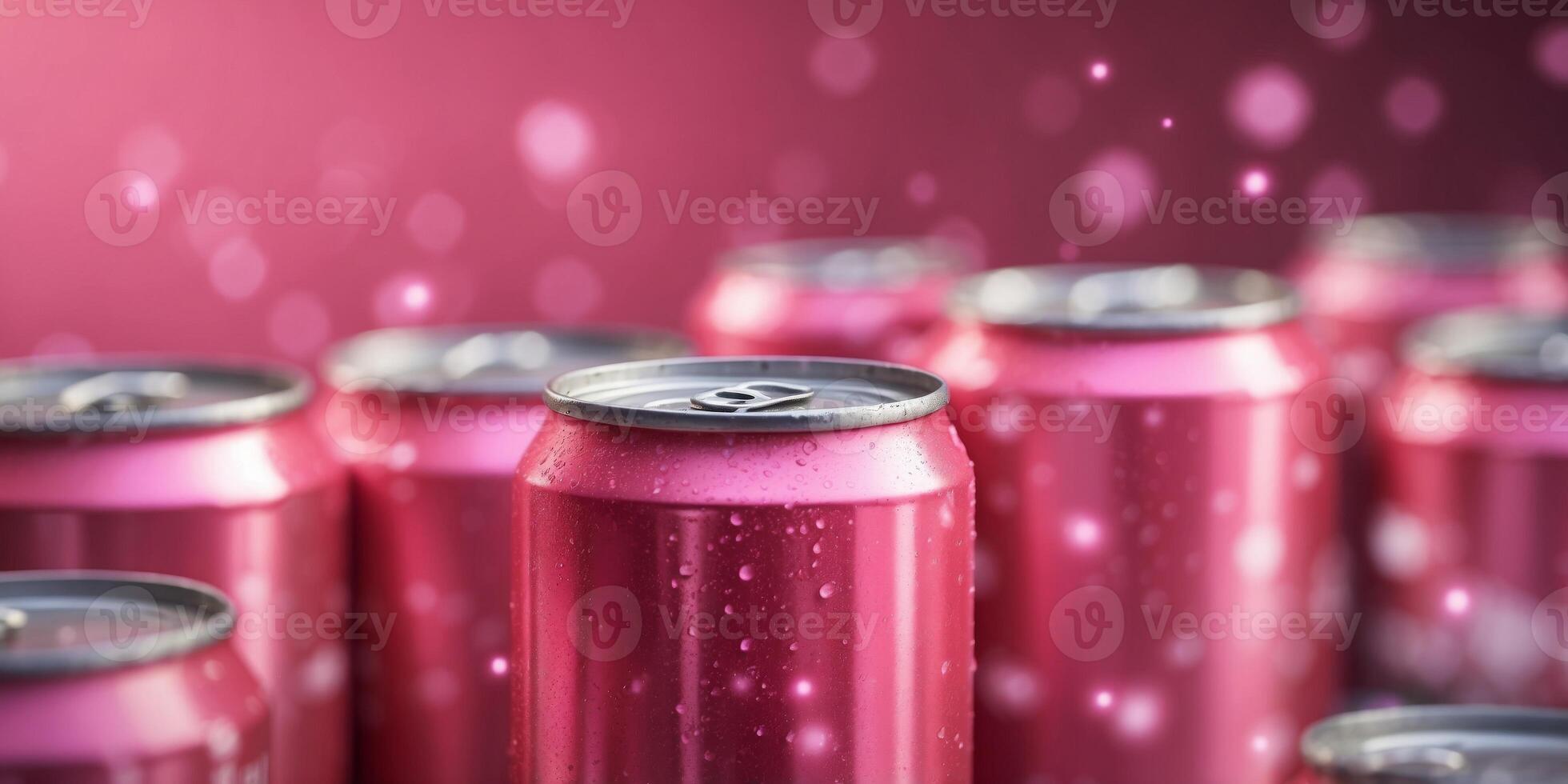 Close-up of pink beverage cans with condensation. photo