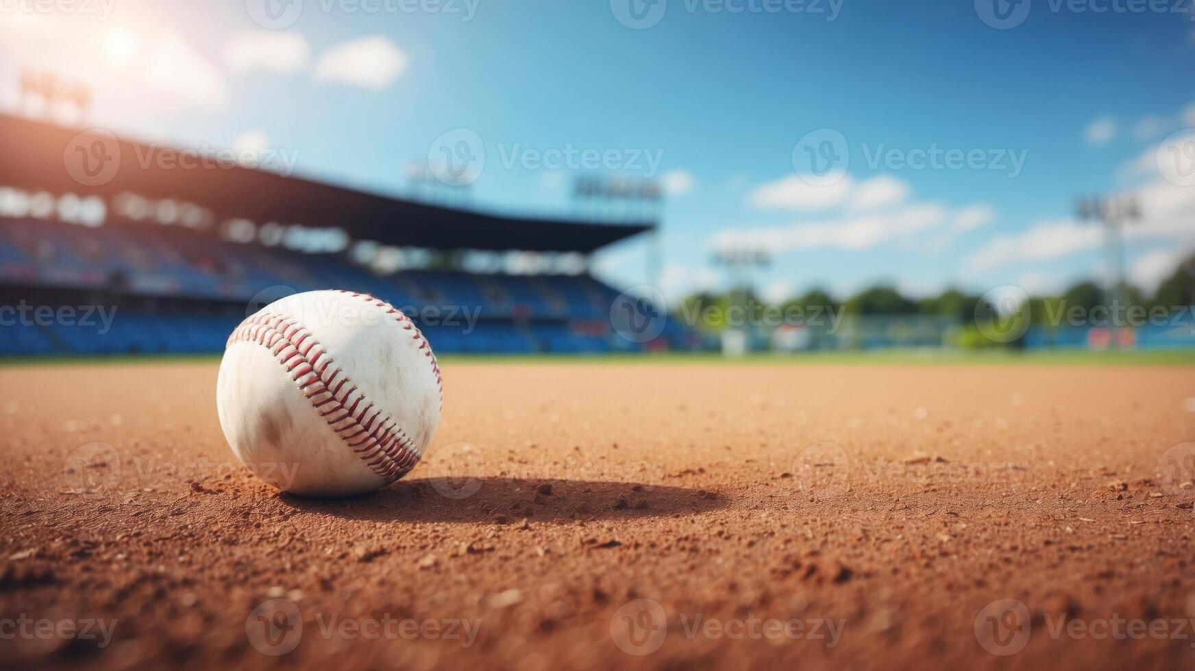A vibrant baseball field under a clear blue sky. photo