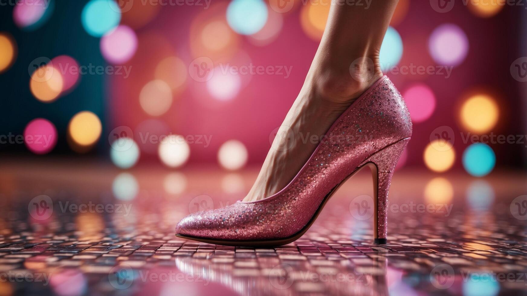 A close-up of a pink high heel stepping on a colorful disco ball Showcasing a vibrant and glamorous retro fashion style. photo