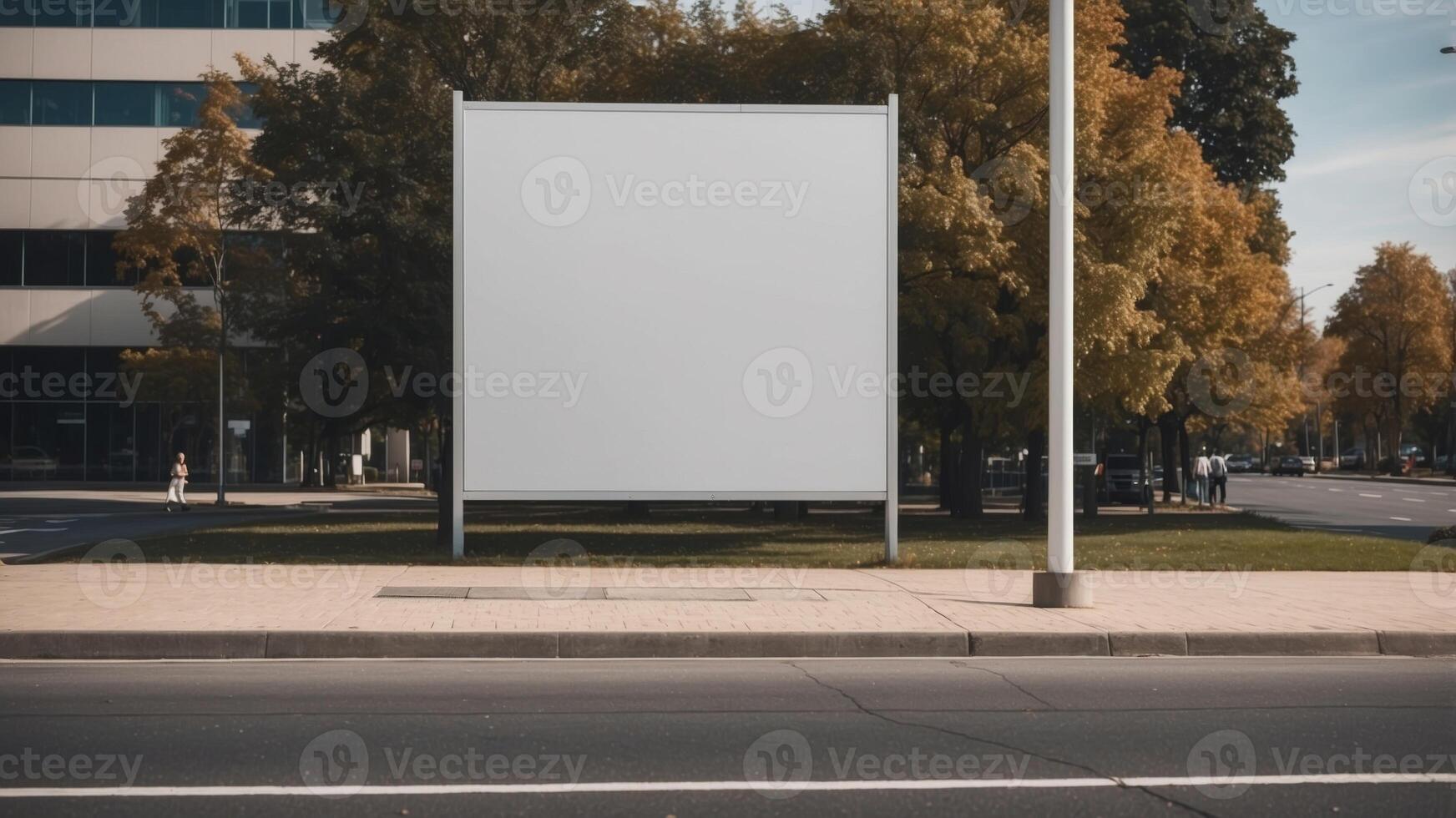 A large square blank billboard on a corporate park building near a busy suburban office hub. photo