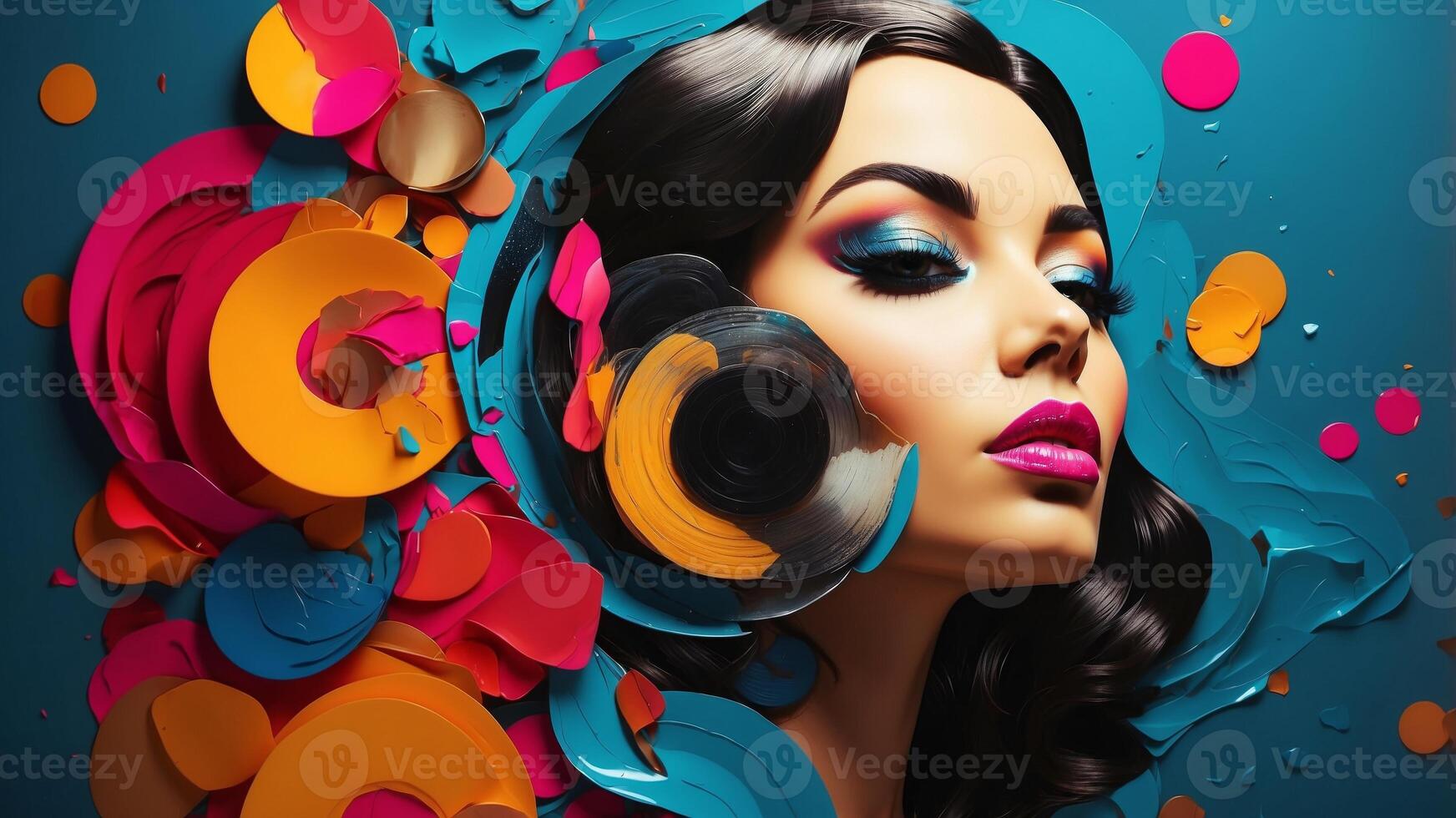 A vibrant artwork featuring vinyl records and a stylized face. photo