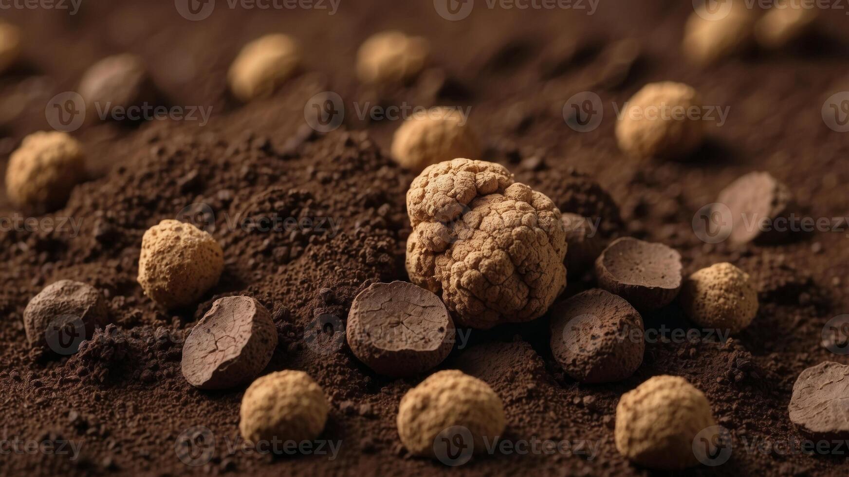 soil background top view with truffle on the right side. photo