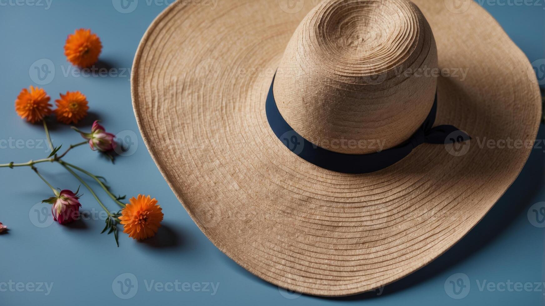 A summer hat is shown by itself on a blue background. photo