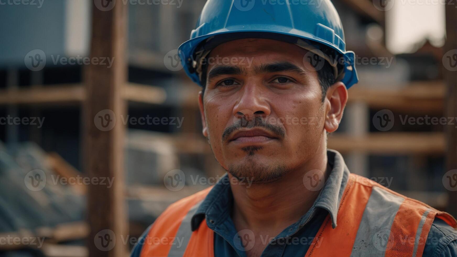 Latin bricklayer at construction site, professions. photo