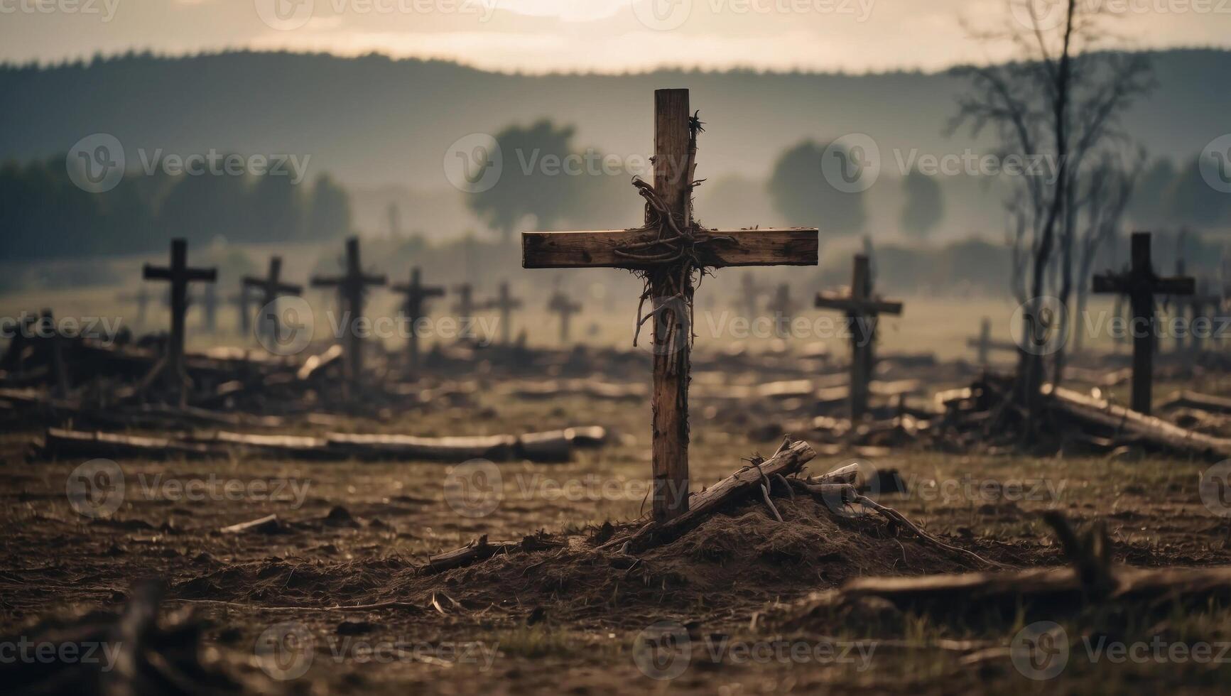 Horrors of war Wooden cross in a destroyed field with people. photo
