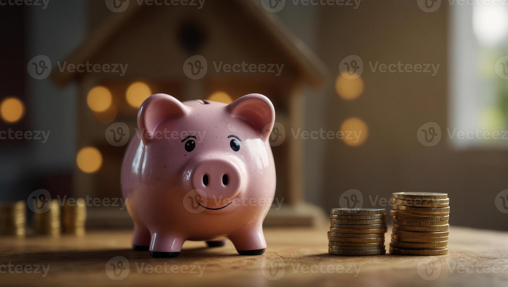 piggy bank with coins piles and house model, concept of mortgage and savings, copy space. photo