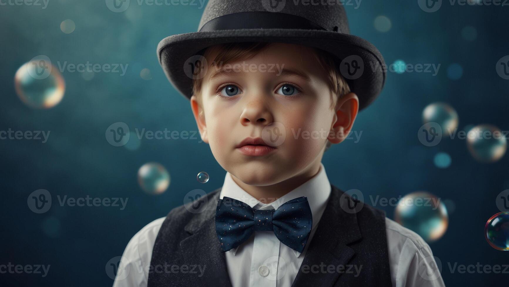 Little boy in hat and bow tie with soap bubbles on blue background. photo
