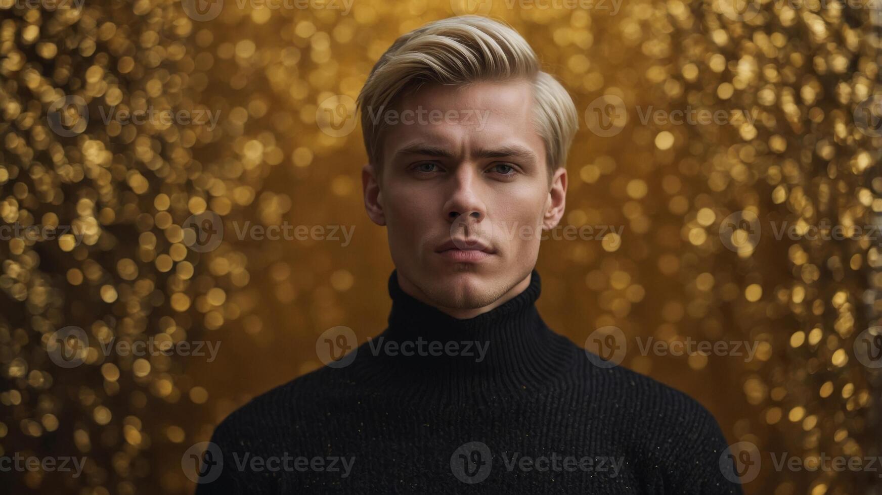 Blond Male Model in Stylish Black Sweater on Golden Background. photo