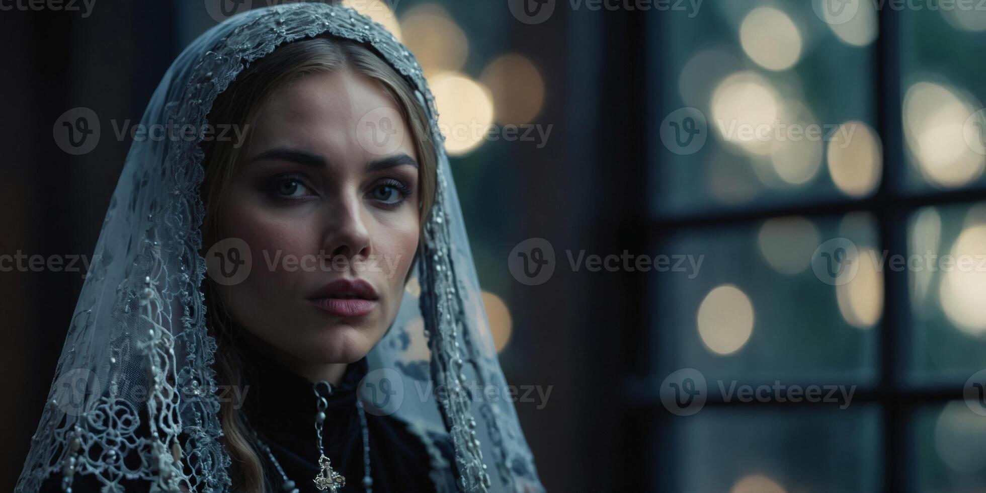 Keeper of secret desires with a rosary in her hands and a veil. photo