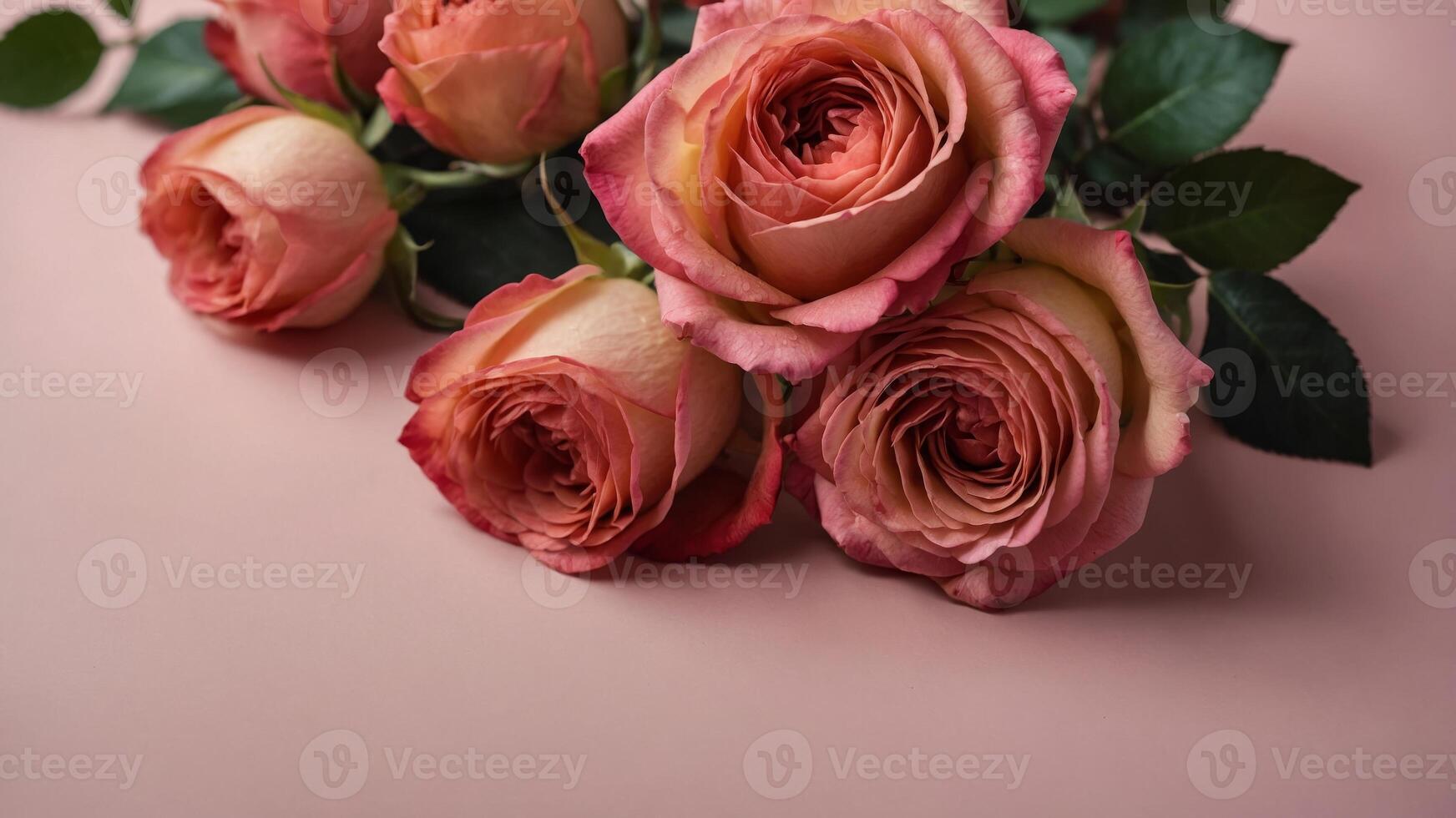 A vibrant bouquet of red and pink garden roses arranged on a soft pink background evokes feelings of love and romance on valentine's day. photo