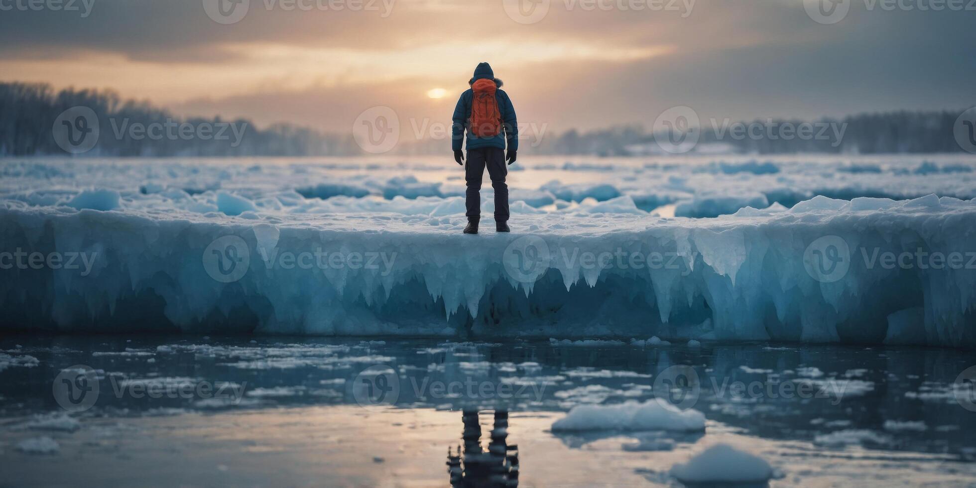 A person standing on the edge of the ice hole preparing to jump into the unknown. photo