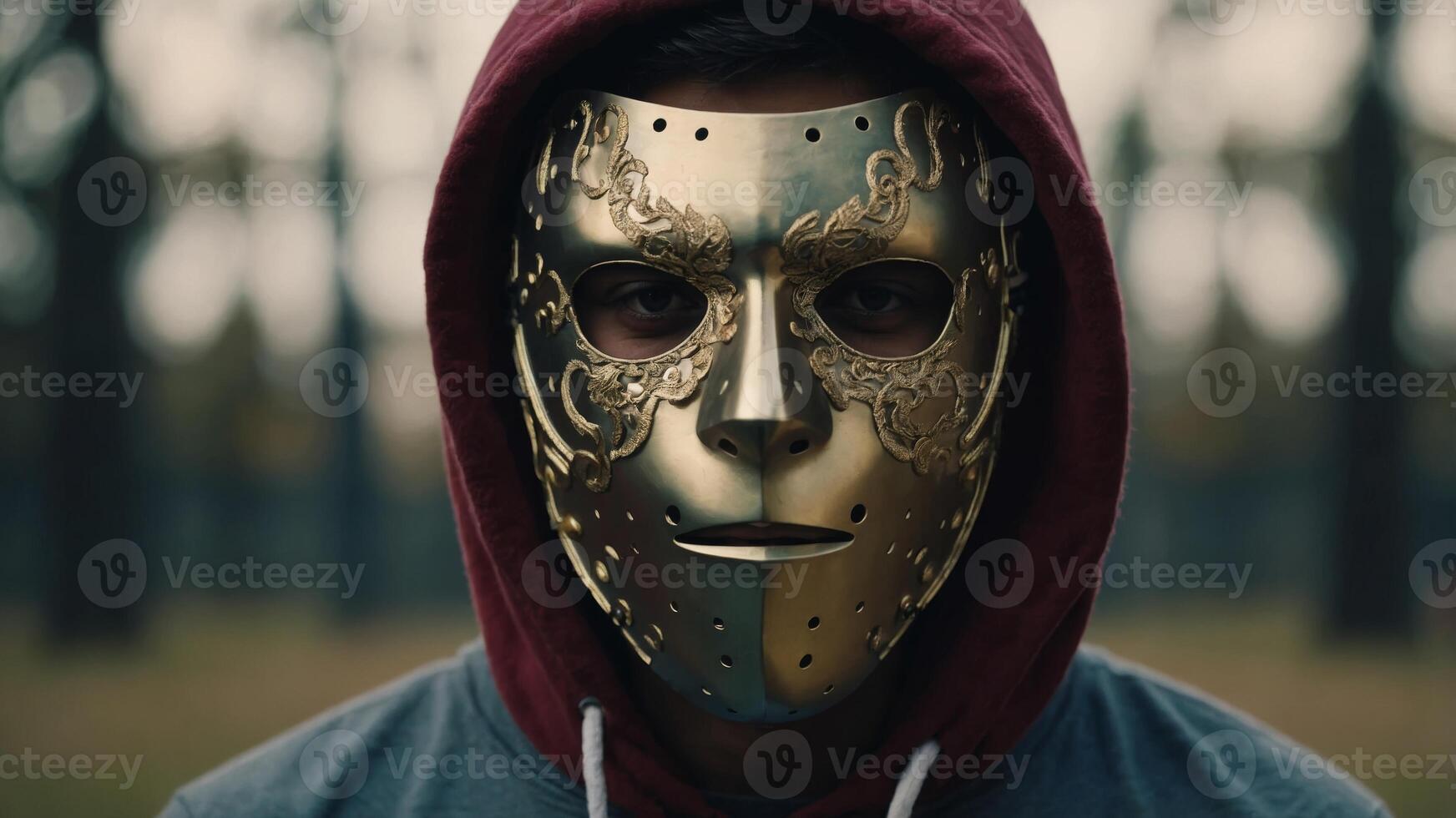 Masked man teenager expressing different emotions face expressions. photo