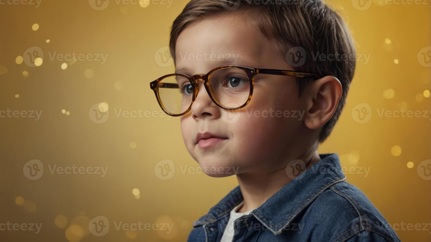 little boy wearing hisn't new glasses on yellow studio background using copyspace. photo