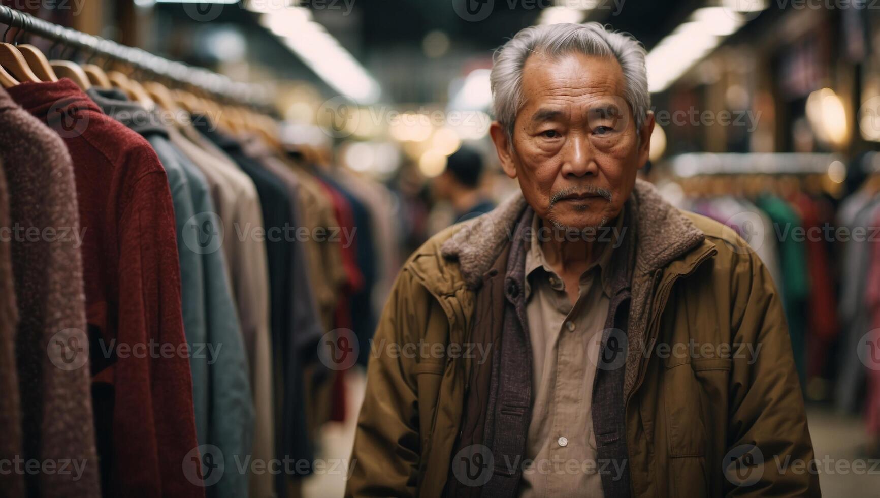 Old Asian man looking for clothes in a clothes shop. photo